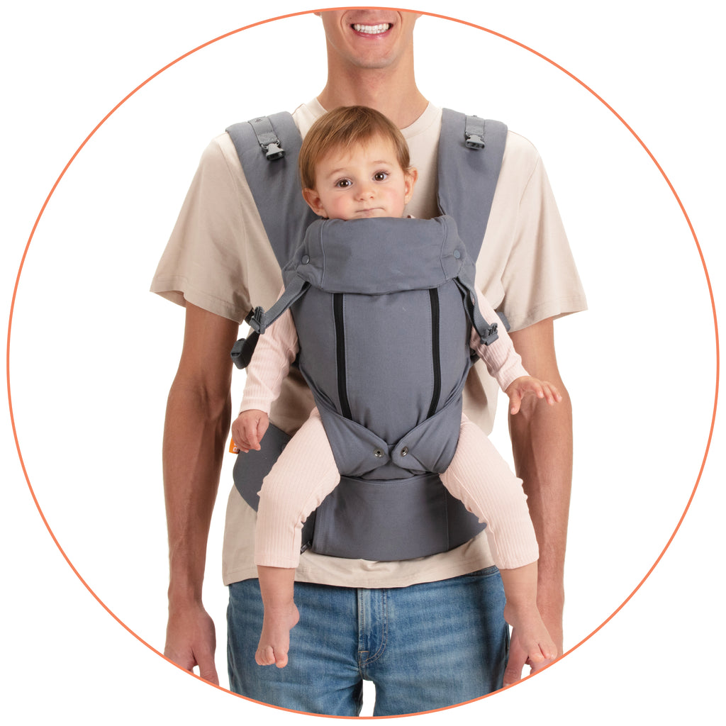 The Beco 8 Baby Carrier features an adjustable seat with two width options - when in a front carry facing out position, use the narrow seat option.