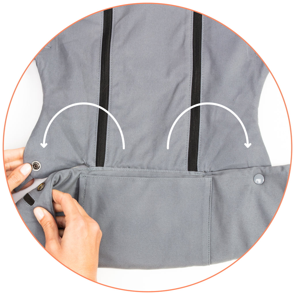 To switch to the wide seat option, open the seat snaps and attach to the back of the waist belt.