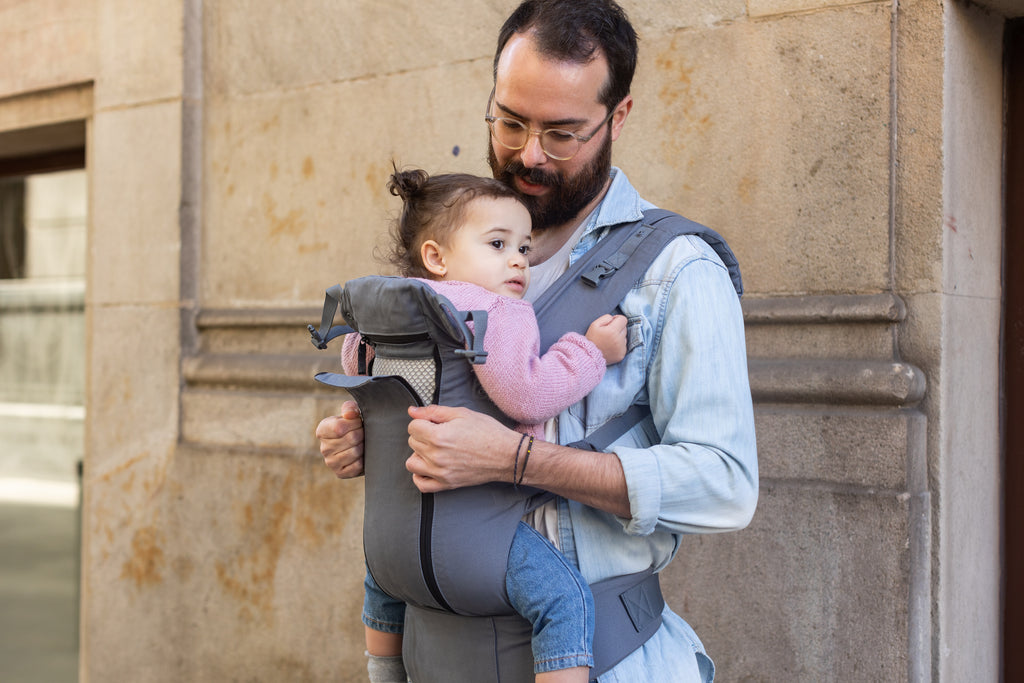 Beco Gemini Cool Mesh Baby Carrier Dark Grey with the mesh front being unzipped for ventilation