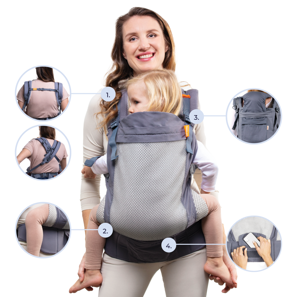 4 Features for parents, for example H or X strap options for optimal weight distribution