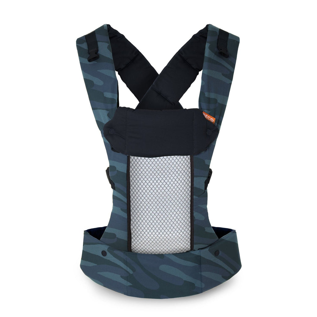 Beco 8 baby carrier in blue toned camo print with mesh panel visible