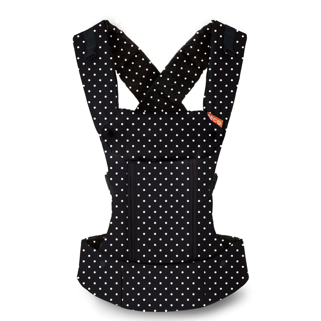 Beco 8 baby carrier in black with white polka dots
