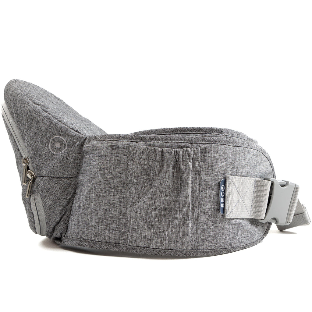 Beco Gemini Hip Seat Baby Carrier in Gray, ergonomic design for newborns to toddlers, featuring 4 carry positions and even weight distribution for all-day comfort.