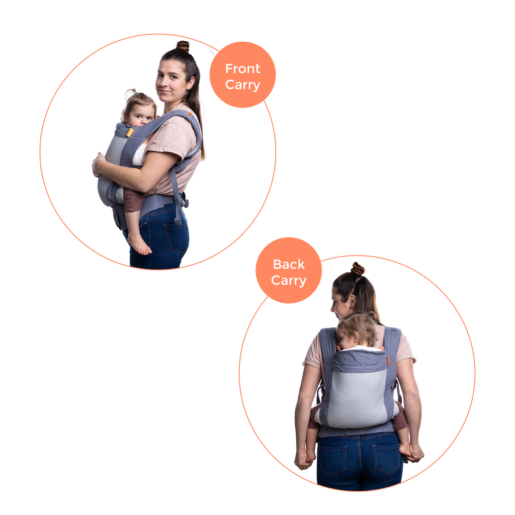 Front carry and back carry position images for the Beco Toddler Carrier