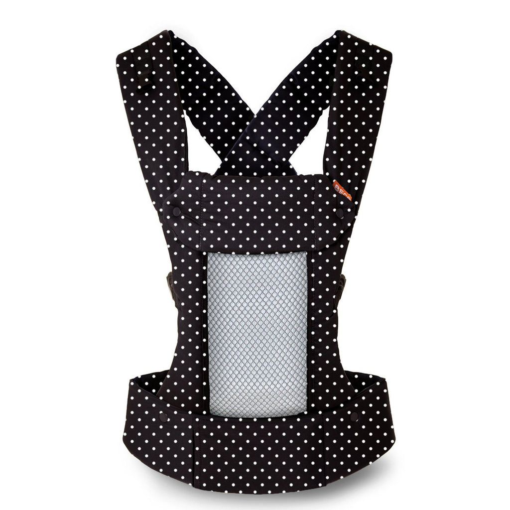 Beco 8 baby carrier in black with white polka dots with mesh panel visible
